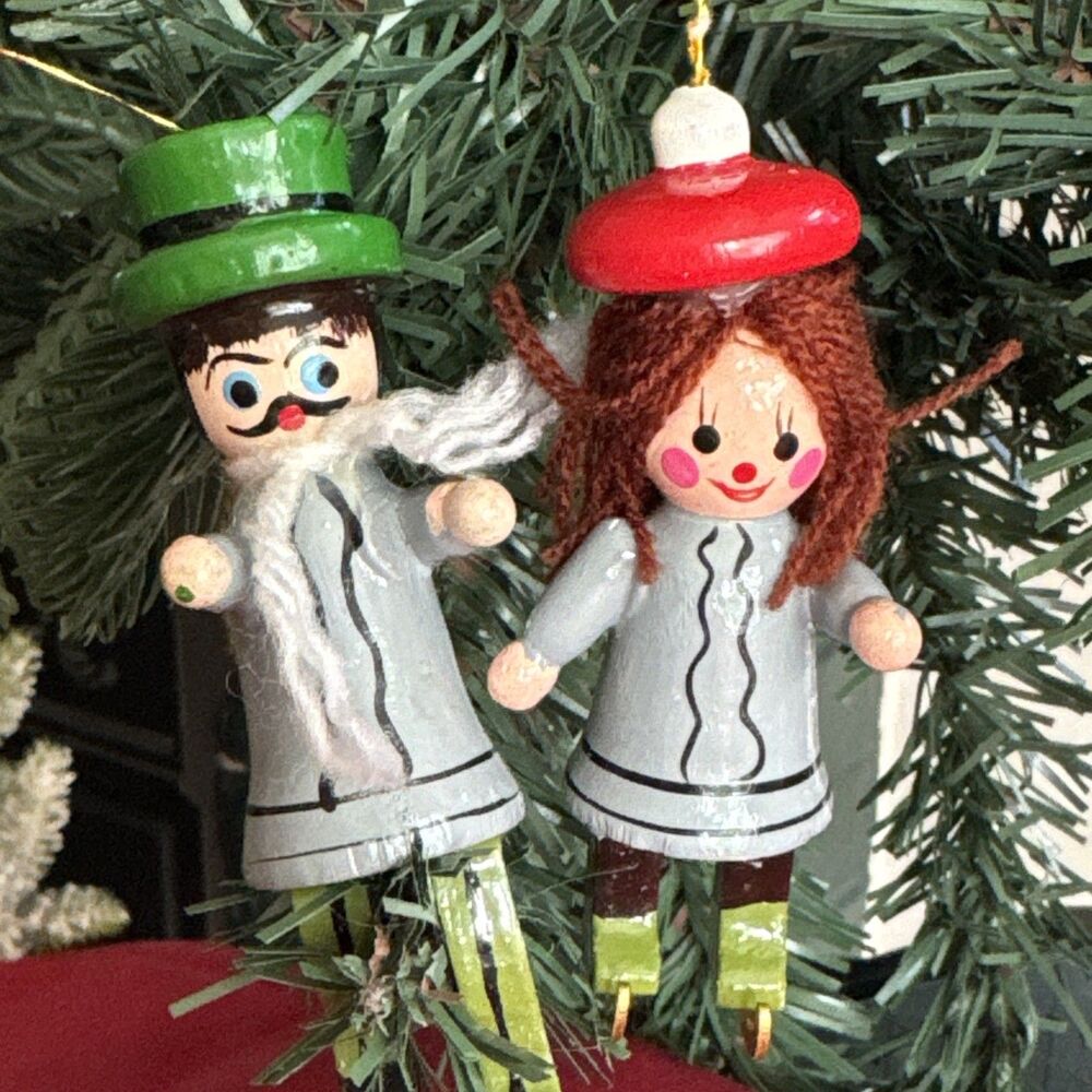 Vintage Wooden Folk Art Couple Christmas Ornaments Whimsical Man Woman Pair